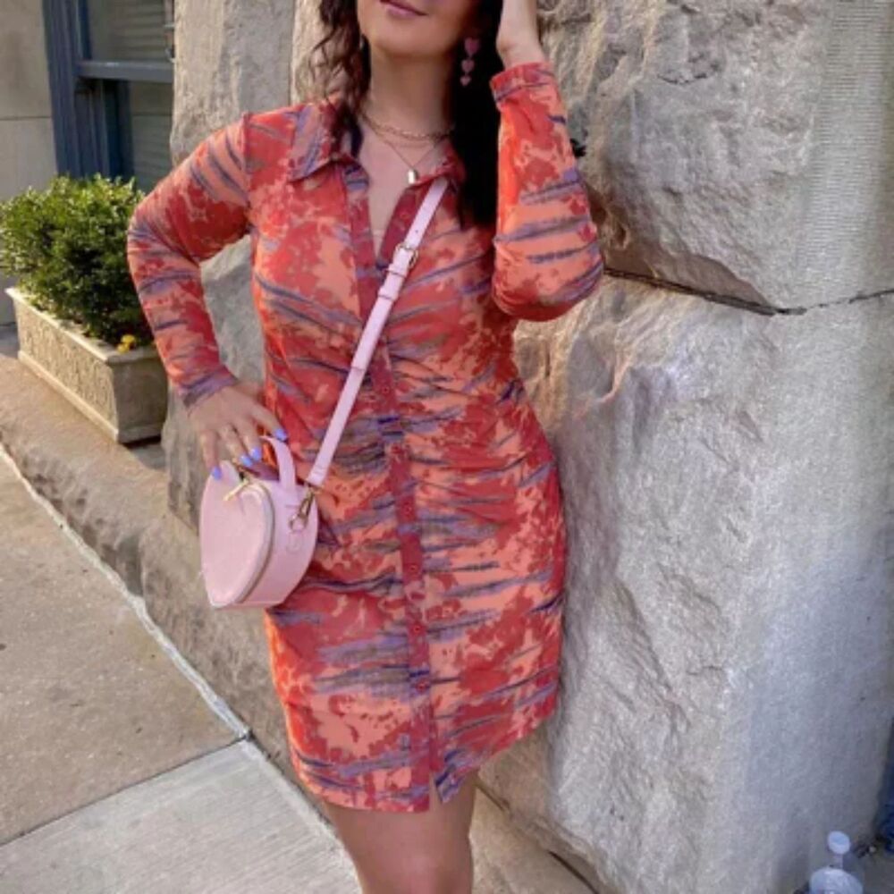 Wild Fable Long Sleeve Button Front Mesh Tie-Dye Dress M